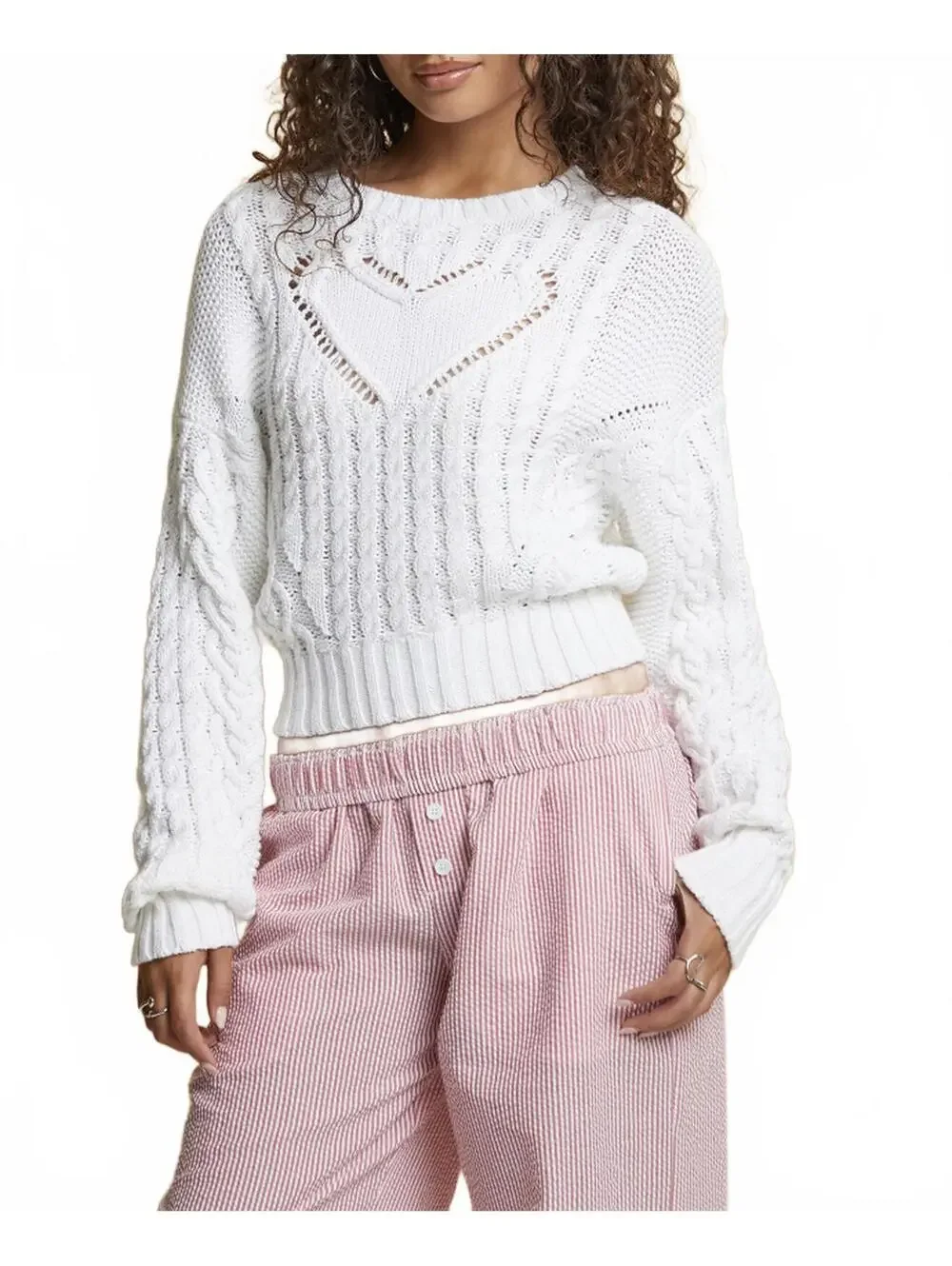 PacSun Cotton Beverly and Beck Heart Cable Knit Crew Neck Sweater White NWT XXL